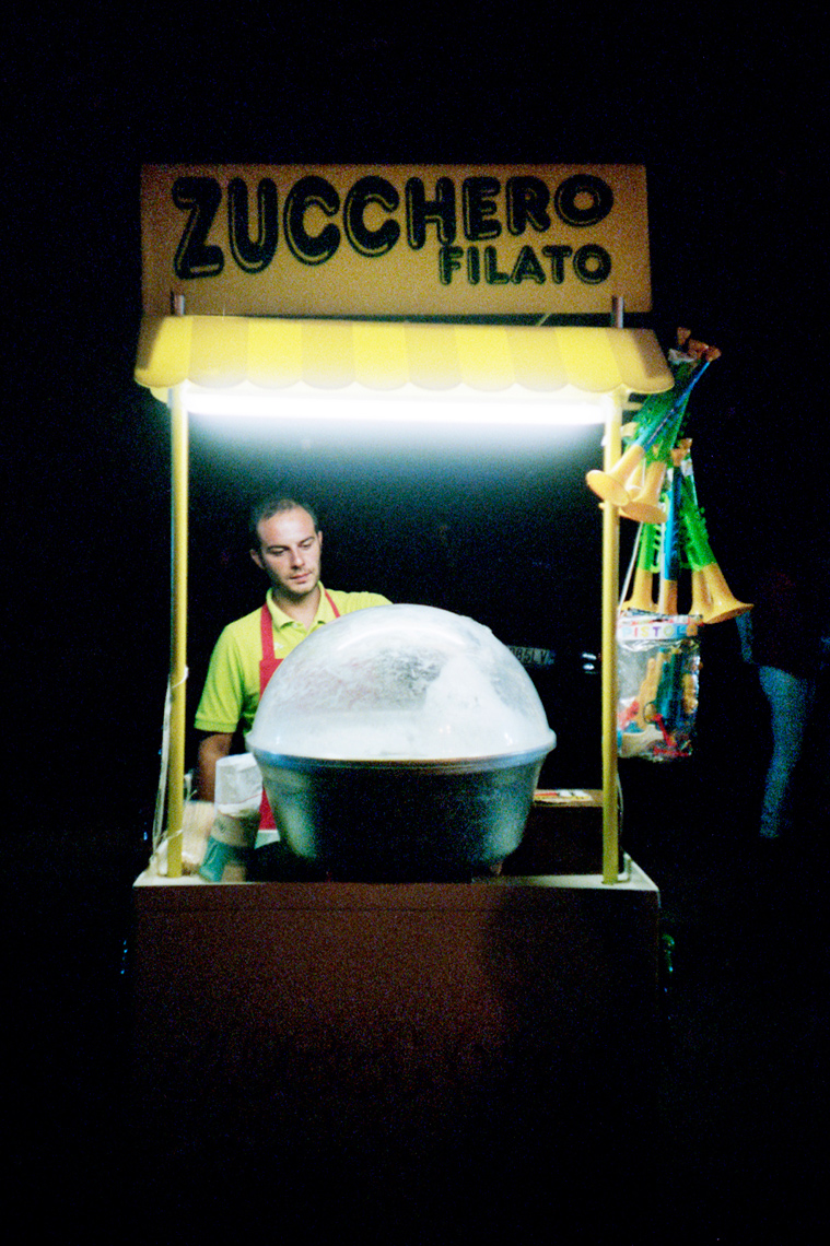 cotton candy vendor in Ostuni summer nightlife Puglia