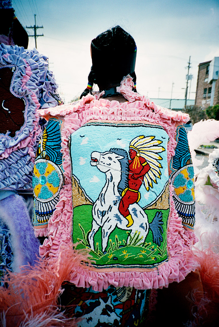 detail of handmade costume Mardi Gras Indian Parade NOLA