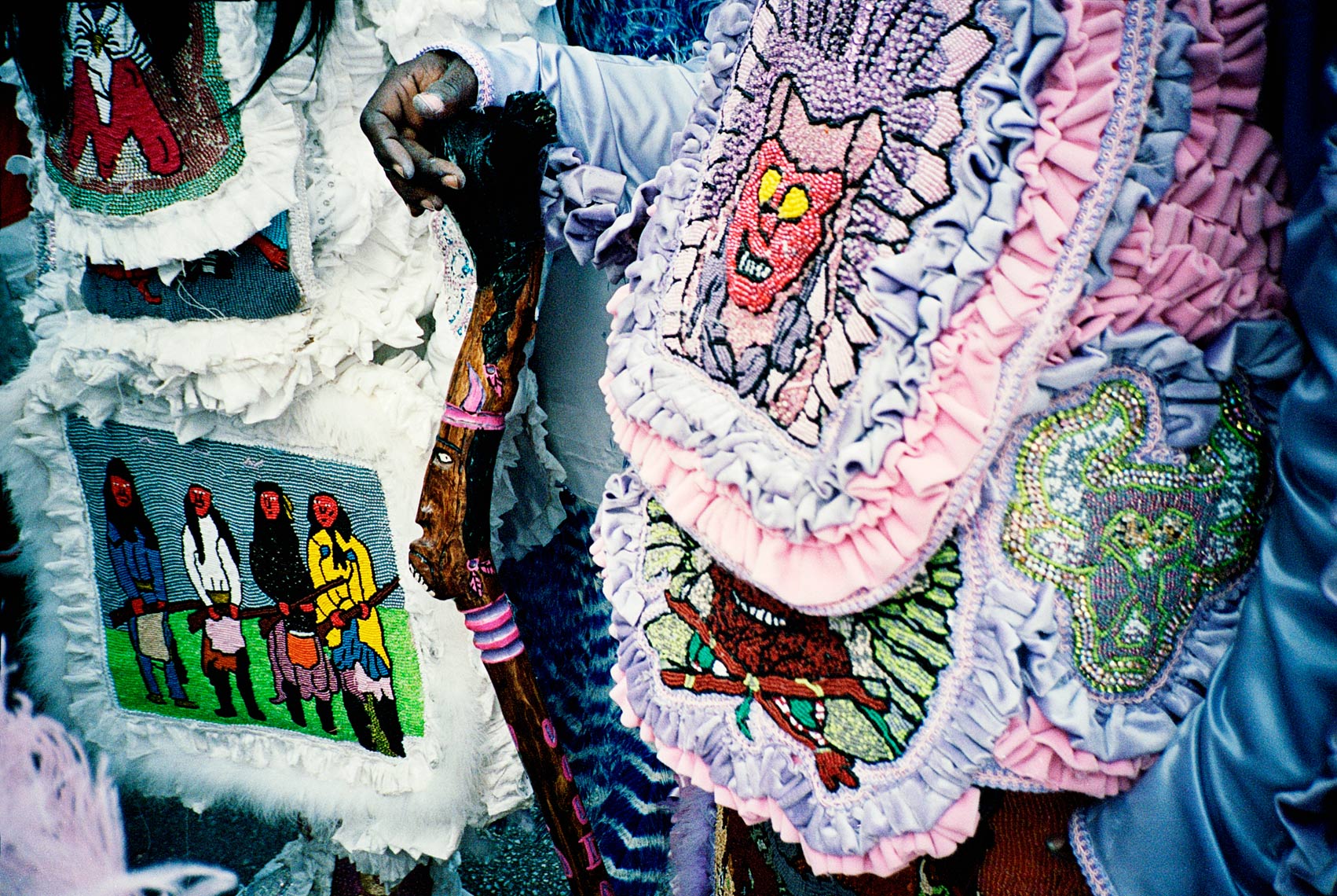 close up of handmade beadwork on costume Mardi Gras Indian for Super Sunday Parade New Orleans