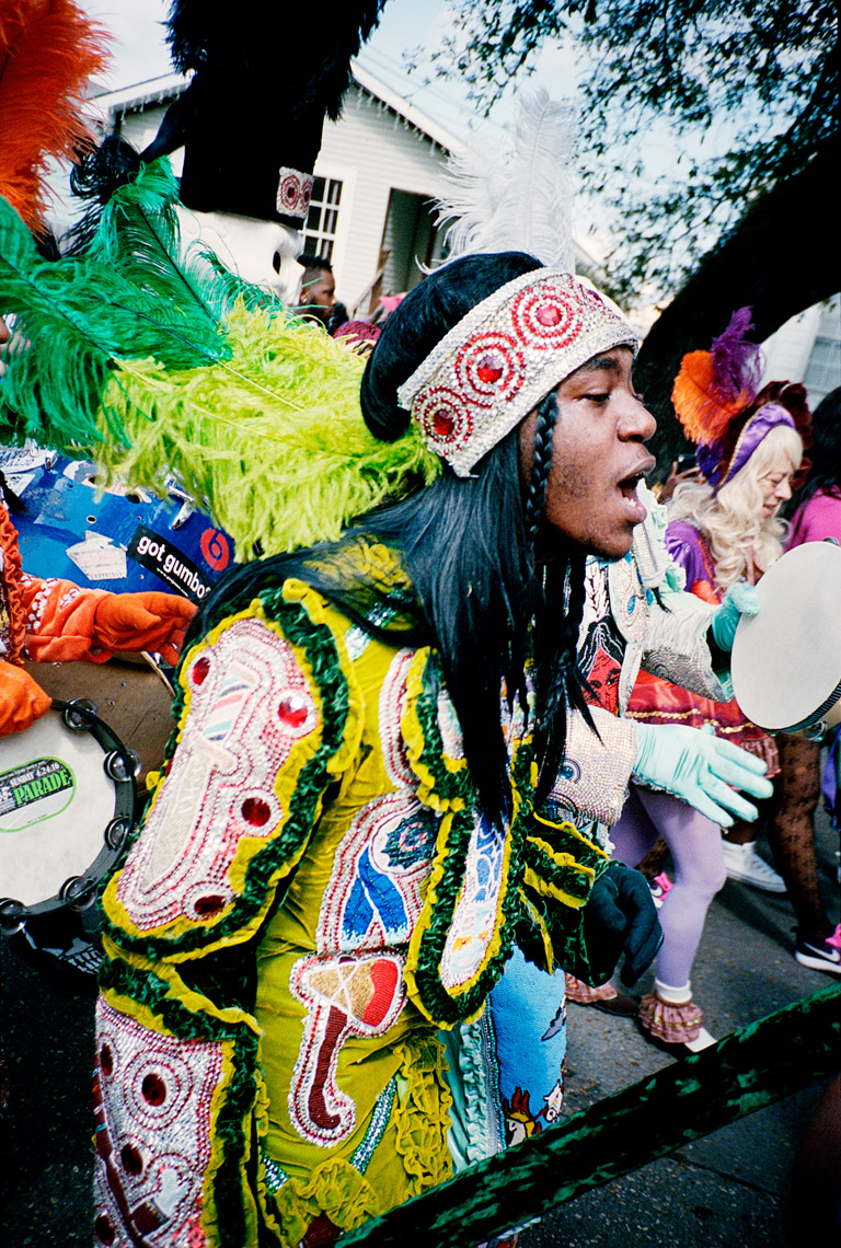 Mardi Gras Indian singing in Super Sunday Parade New Orleans