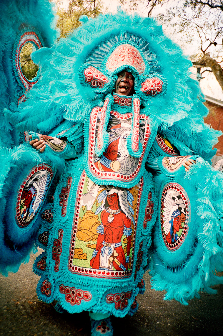 Big Chief dancing in Super Sunday Mardi Gras Indian Parade New Orleans